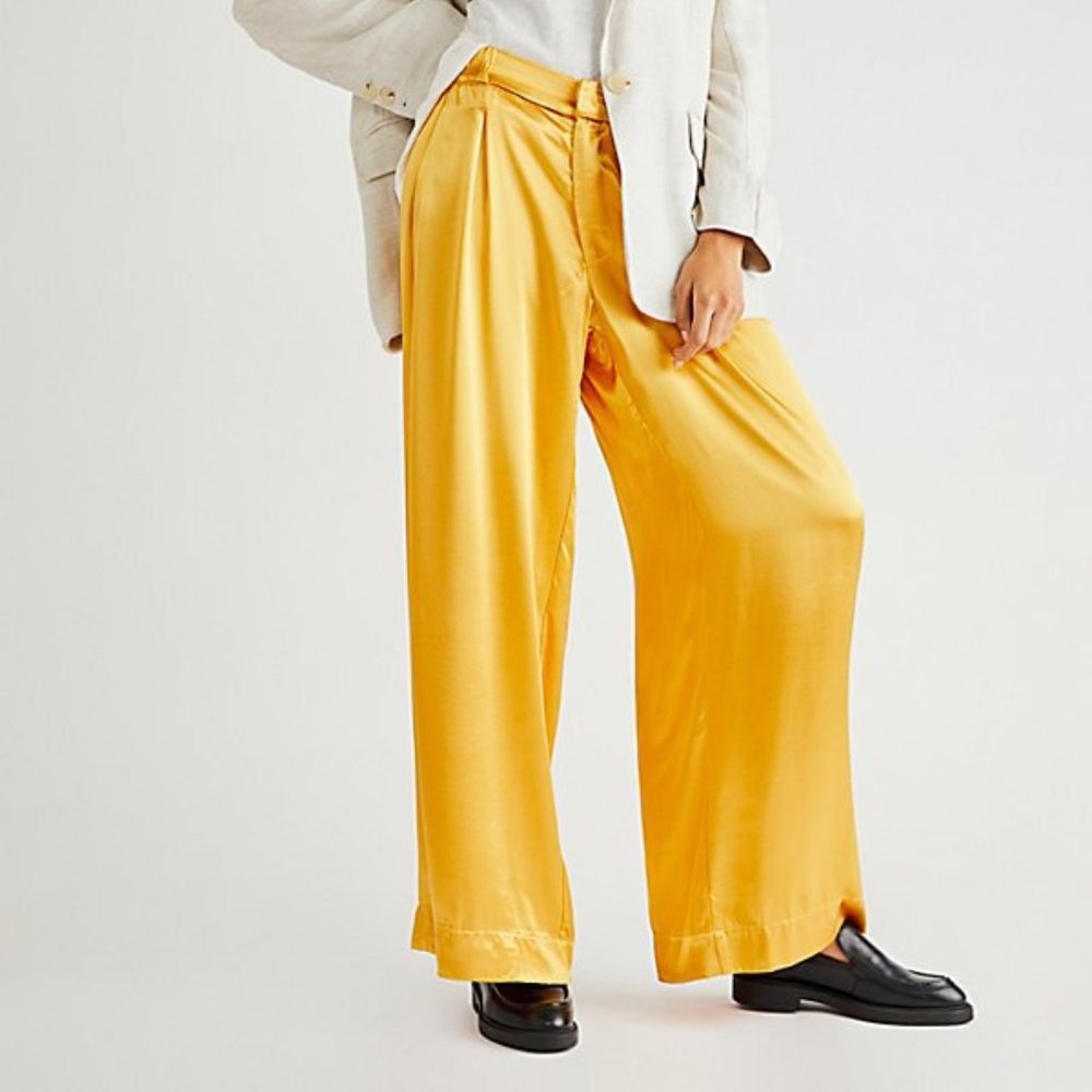 NEW! Free People Good Days Orchid Satin Trousers in Yellow